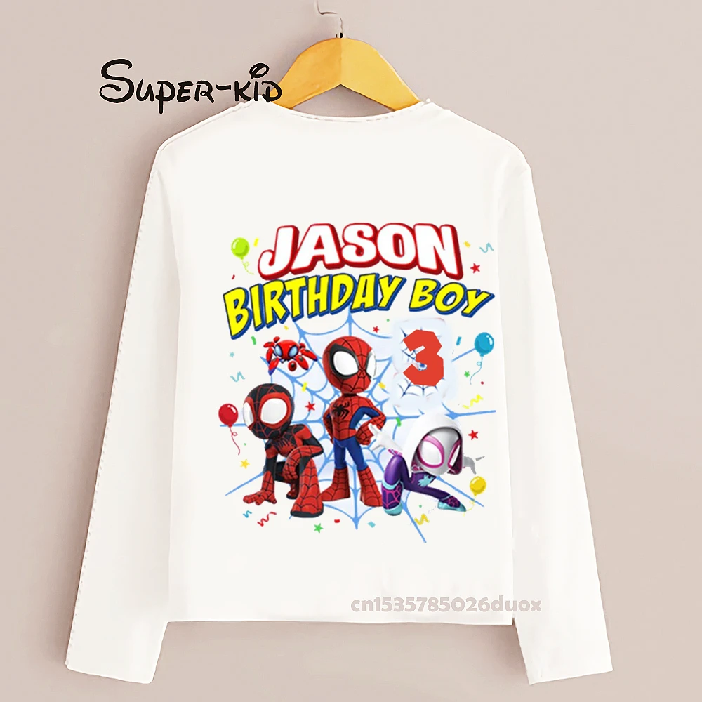 Autumn 2 3 4 5 6 7 8 Spiderman Birthday Boy Personalize Name Long Sleeve T-shirt Spidey Personalized Name Bottoming White Shirt