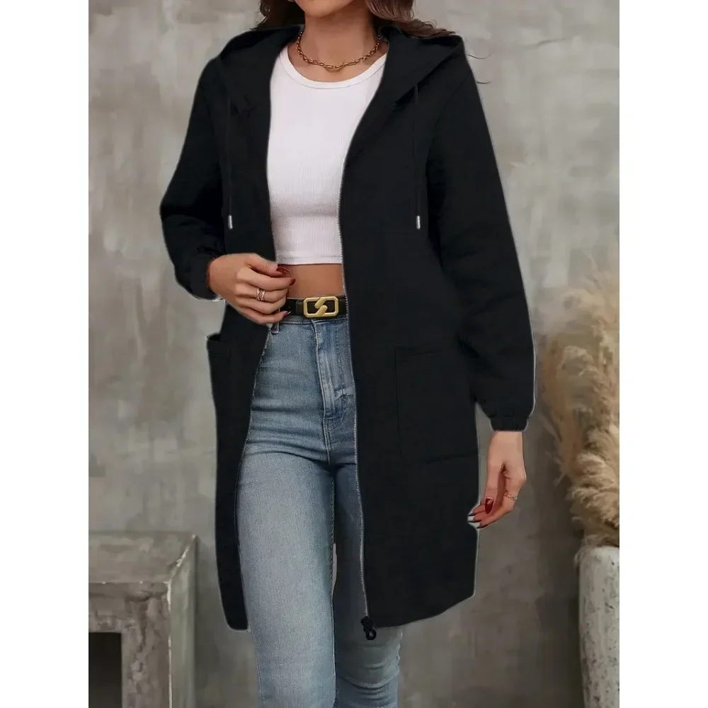 سويت شيرت نسائي بأكمام طويلة: سويت شيرت خريفي بغطاء للرأس مع جيوب مزدوجة بسحاب، معطف نسائي كاجوال للركاب اليومي