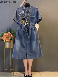 Vintage Denim Dresses for Women Heavy Beading Slim Waist Robe Femme 2024 Vestidos De Mujer Fashion Casual Summer Oversized Dress