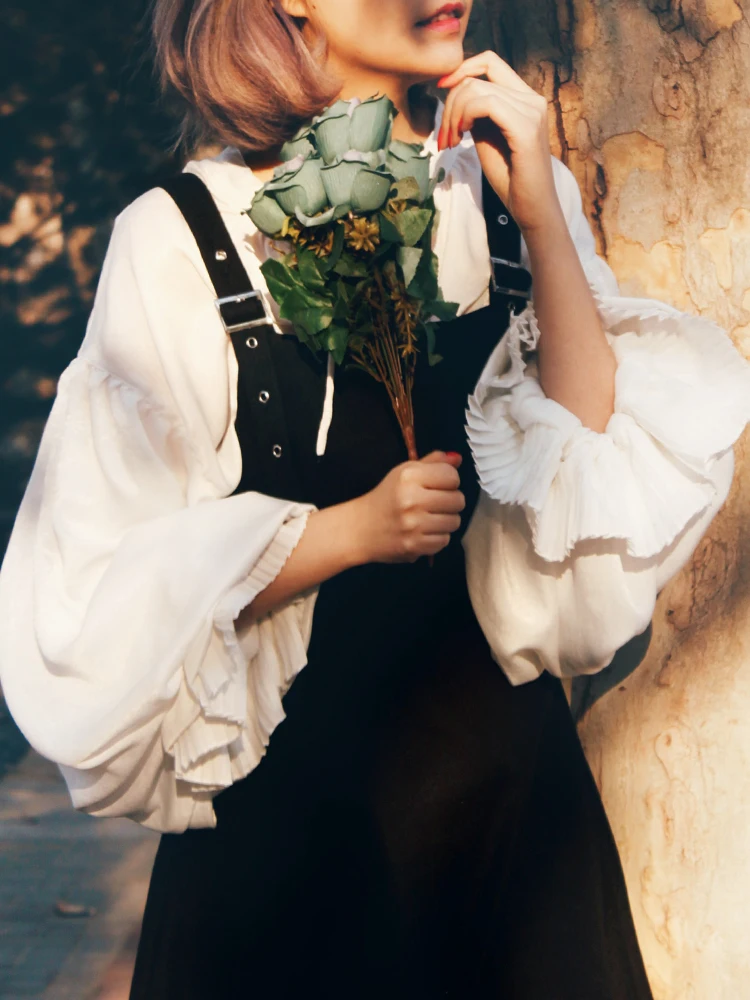 

Викторианский Sle Loose Women's irt MissEgg Весна Лето Новый Фонарь Све Белый irt Галстук-бабочка Full Sve Forest Girl