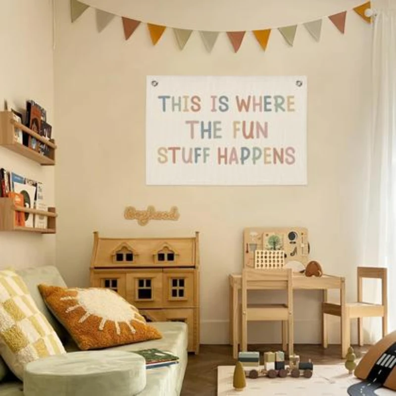 VIKAMA Funny Slogan Text Tapestry Morandi Alphabet Aesthetic Wall Art Banner for Game Room Bedroom Dorm Party Home Decoration