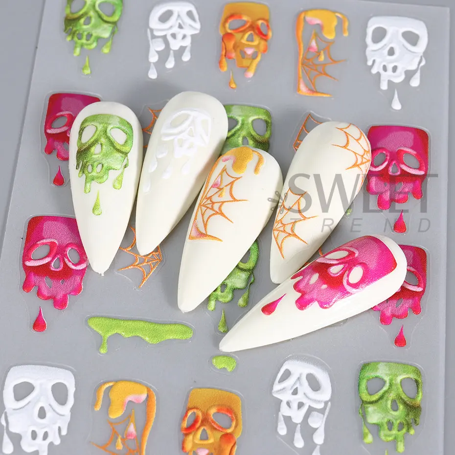 Autocollants pour ongles d'halloween en relief 5D, crâne, citrouille, Silder, fantôme, chauve-souris, toile d'araignée, décalcomanies de dessin animé, décoration de manucure gravée