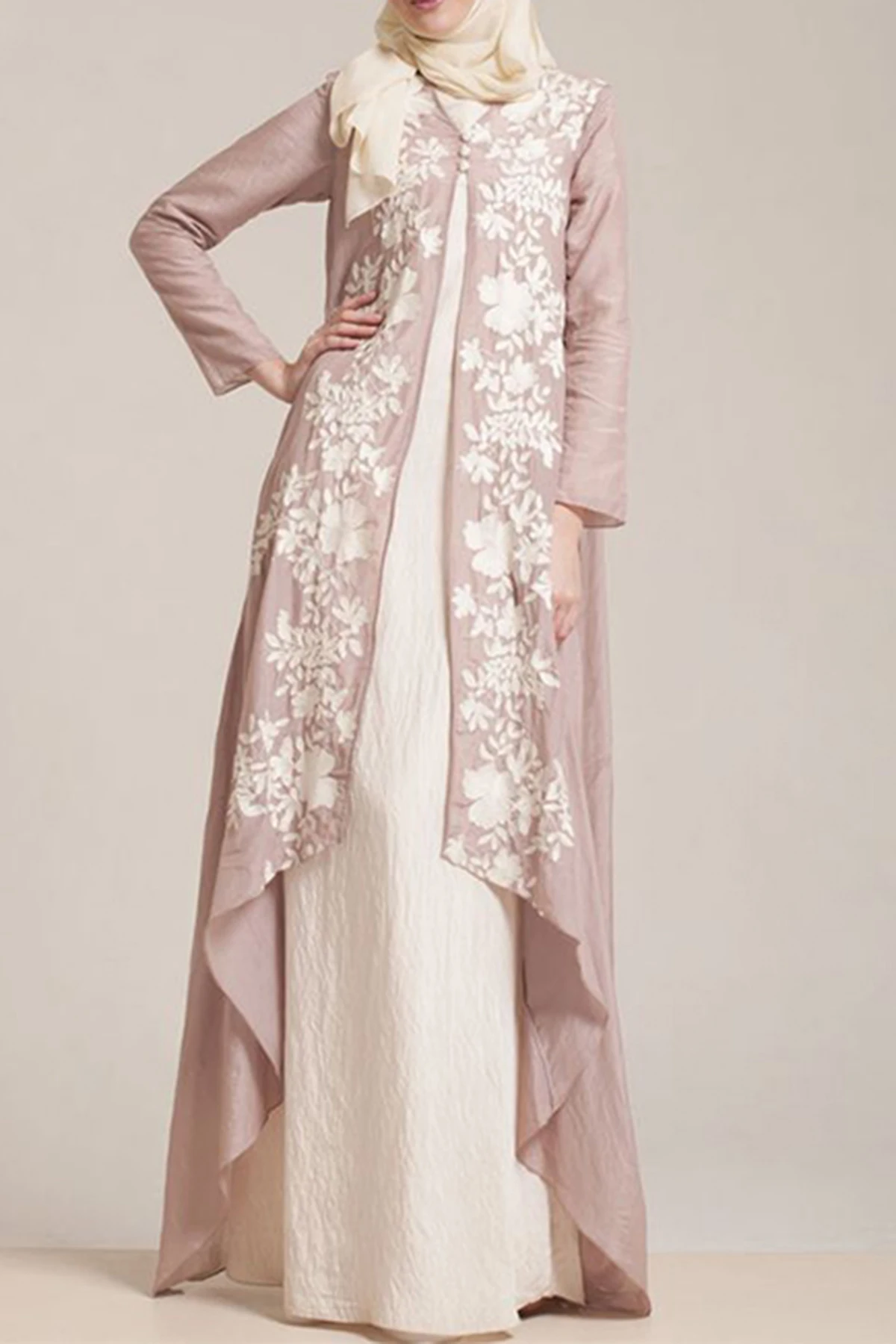 

Women Elegant Floral Pattern Irregular Hem Maxi Muslim Dress & Coat 2Pcs Set