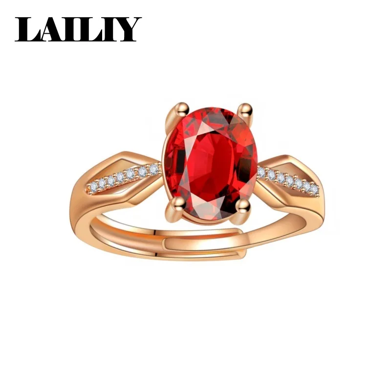 LAILIY925 Sterling Silver Rose Gold Oval Pigeon Blood Red Diamond Adjustable Ring for Women Fashion Jewelry - view 6