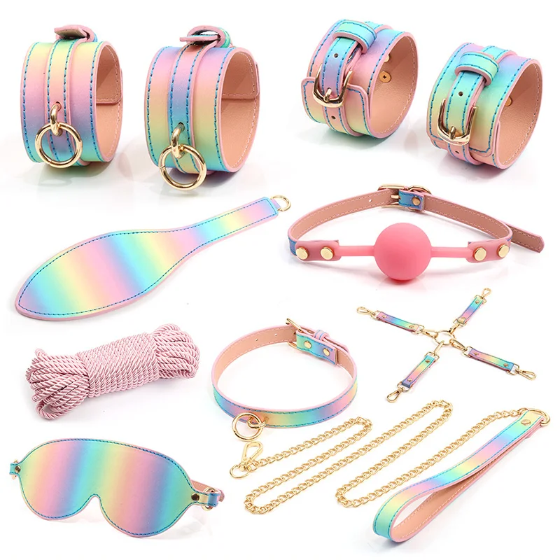 

Luxury Rainbow Color BDSM Bondage Kit Restraints Set Handcuff Blindfold Mouth Ball Gag Hogtie Bondage Rope Erotic Sex Products