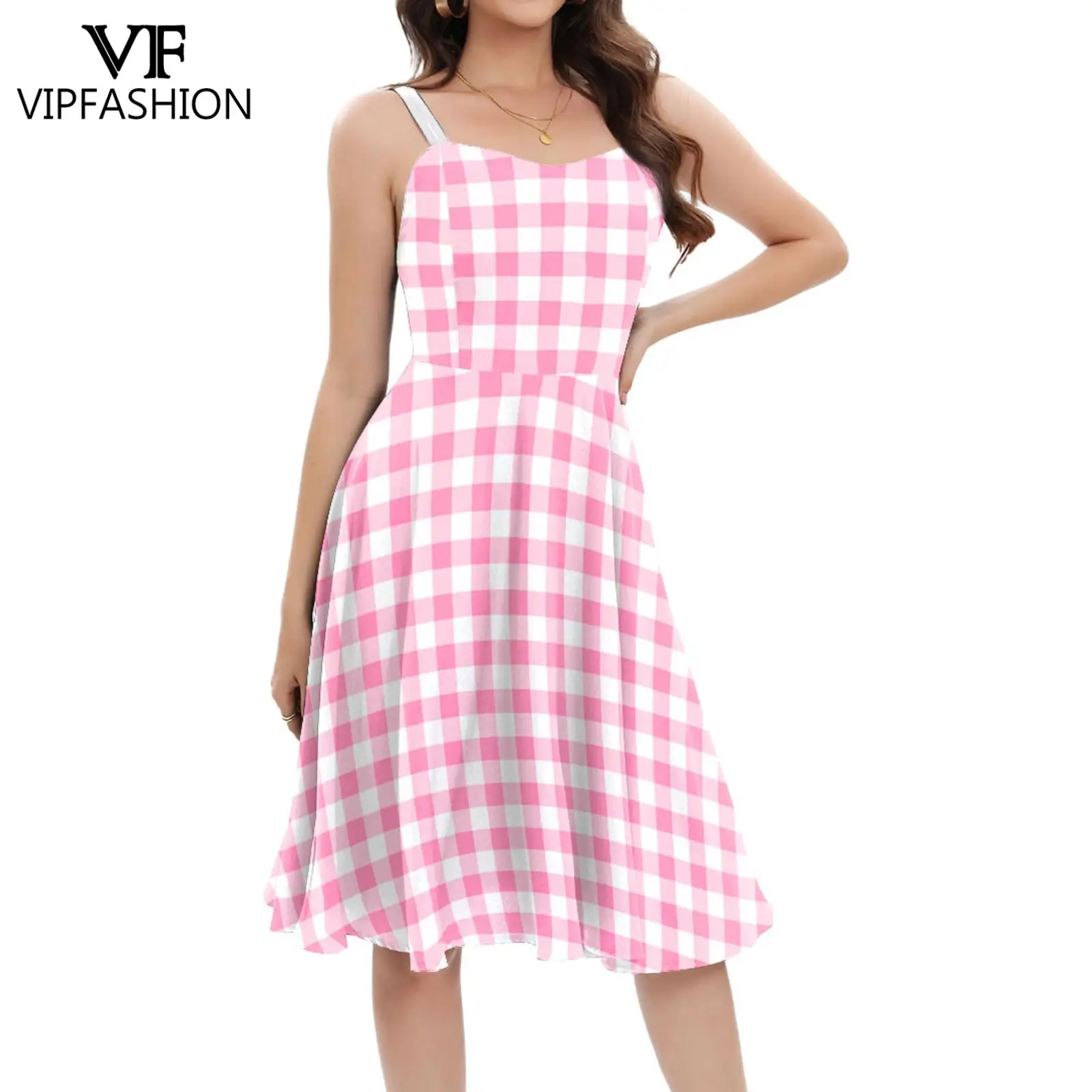 

VIP FASHION Pink Plaid Party Dress for Women Vintage Evening Dresses Sexy Lady Slip Dress Holiday Cosplay Costume Summer Clothes