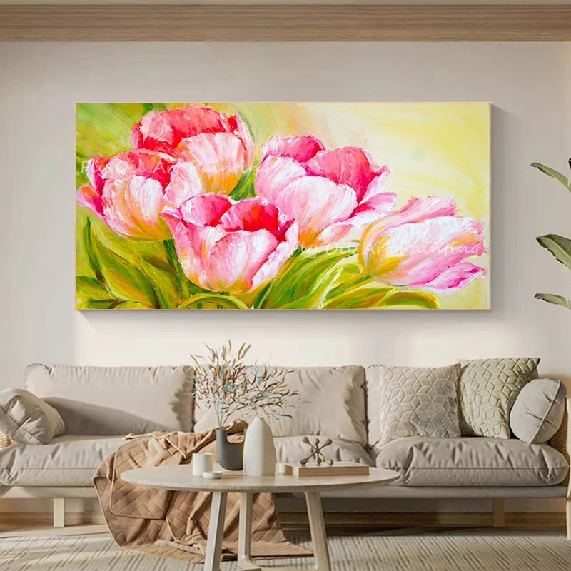 

100% hand-made pink flower nice knife thick oil canvas painting abstract sitting room dining-room wall no framewor