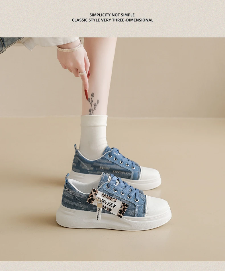 Neue Hip-Hop-Style Denim-Canvas-Schuhe Größe 43 Damen-Plimsolls mit Leoparden-Detail Niedrige Sneakers Damen Mode Freizeittrainer Turnschuhe – Detail 16