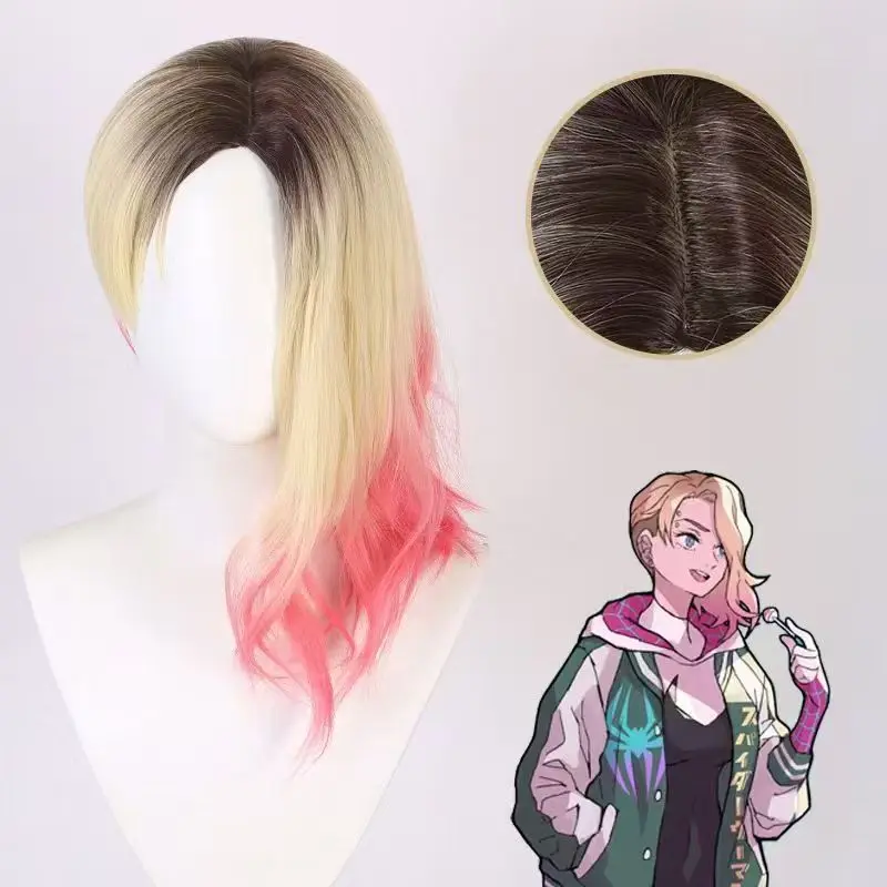 Gwen Stacy Cosplay Wig Blonde Pink Gradient Medium Wavy Wig Matte High‑Temperature Synthetic Pre‑Styled Wig for Halloween Party