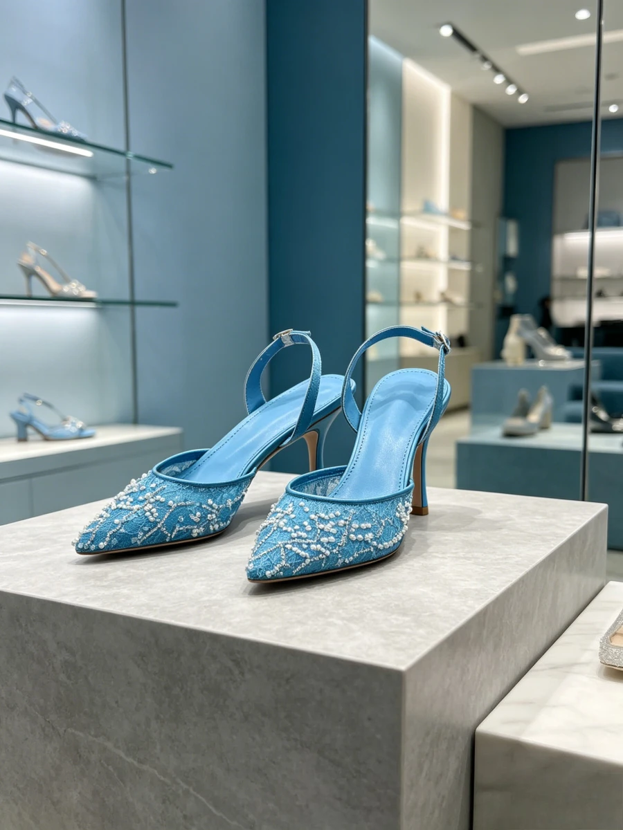 

Sky Blue Lace Pearl Beaded Pointed Slingback Kitten Heels, Luxury Runway Formal High Heels for Middle Aged Ladies Wedding Prom