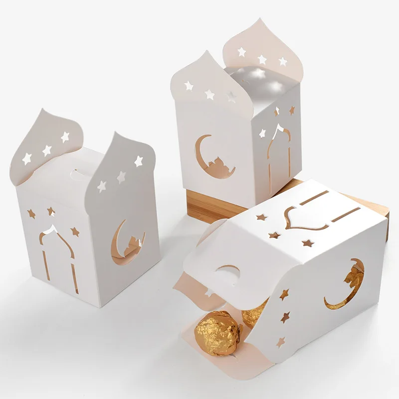 

10pcs Eid Mubarak Candy Gift Box Stars Moon White Candy Cookie Packaging Box 2025 Ramadan Islam Muslims Festive Party Supplies