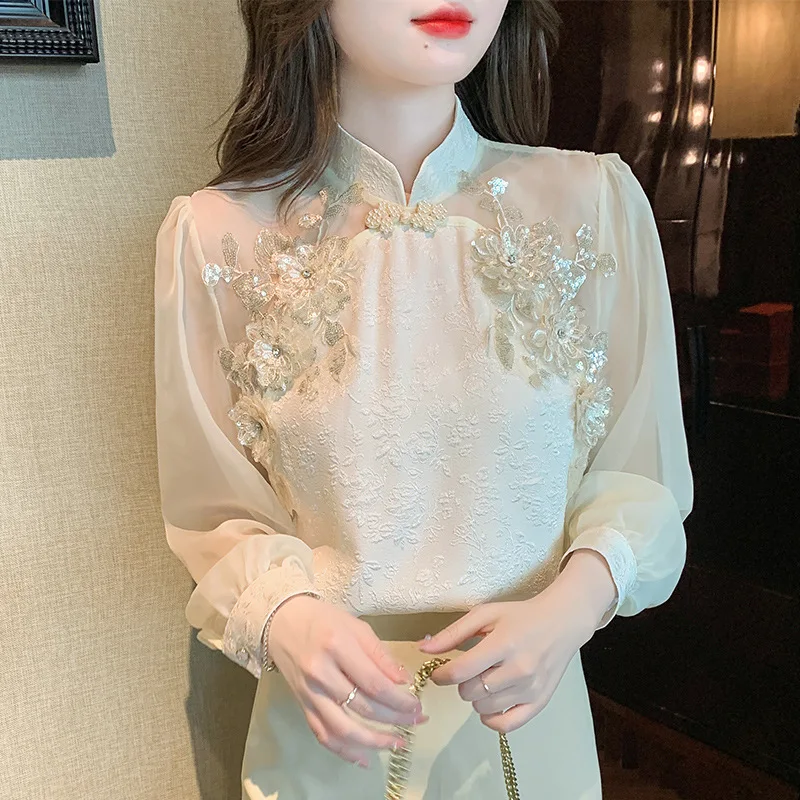 #2577 Chinese Style Vintage Blouse Femme Stand Collar Split Joint Chiffon Long Sleeve Blouse Women Sexy Thin Sequined Flower