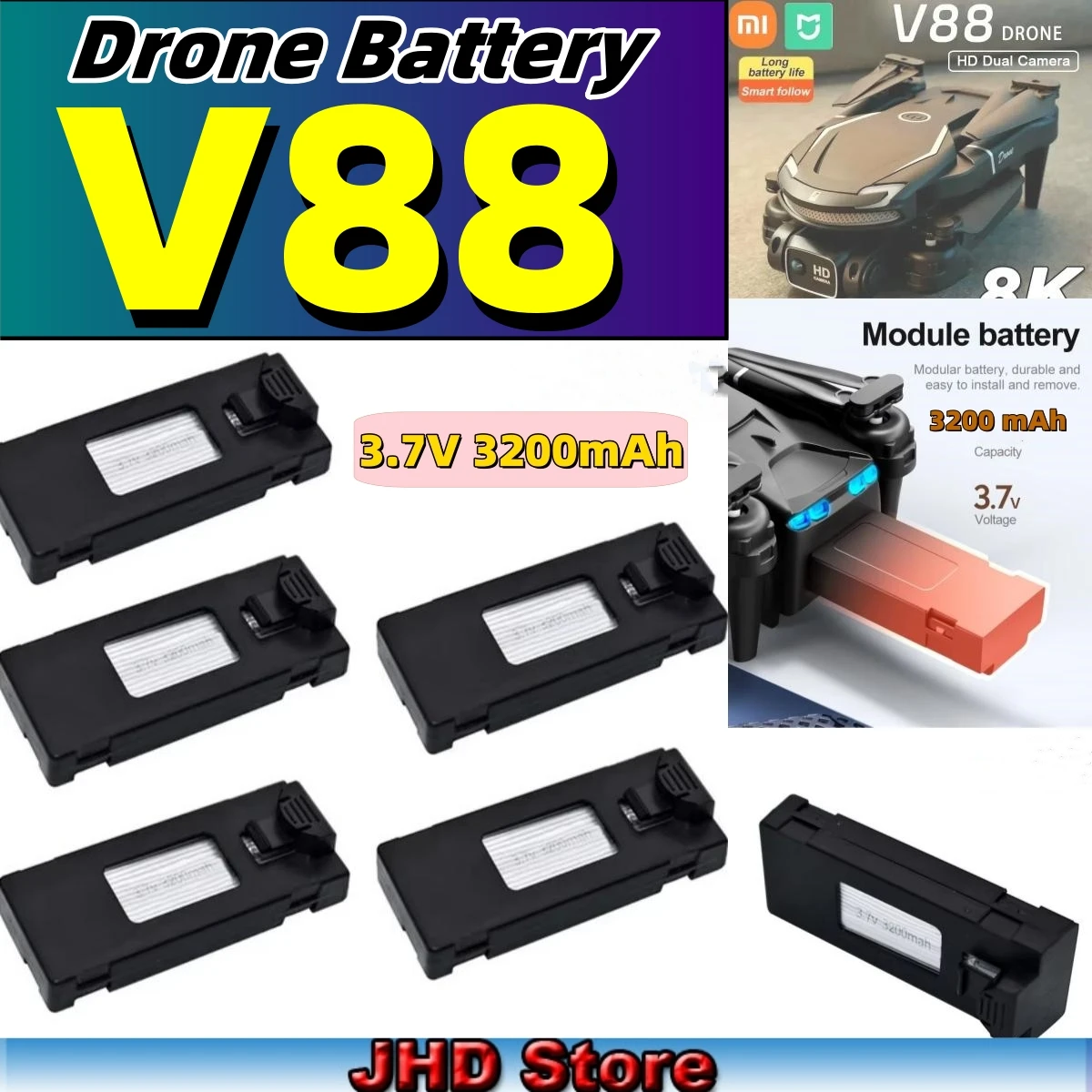 JHD Batterij Drone V88 Mini Drone Met Laadkabel Originele 3.7V 3200mAh Batterij Voor Professionele Antenne V88 Batterij groothandel