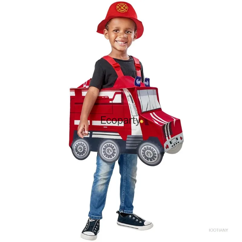 Kids Funny Fire Engine Ambulance Costume Boy Girls Firefighter Truck Car Cosplay Coverall with Hat Halloween Performance Outfits view 4