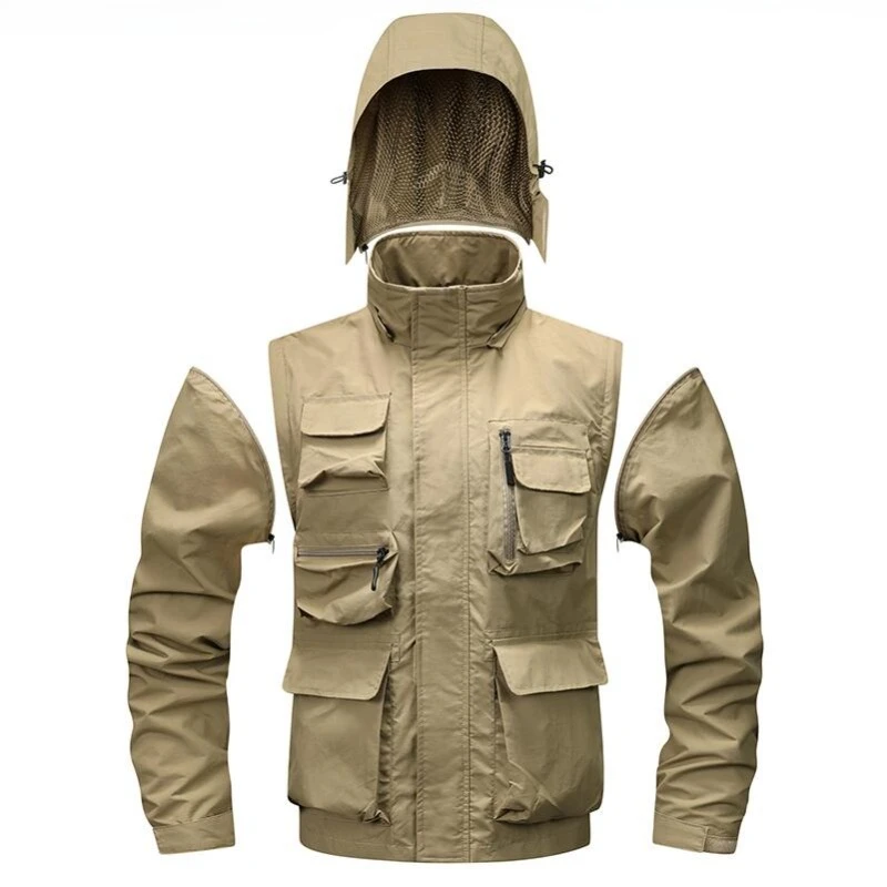 New Spring Men Outdoors Jackets Hooded Multiple Pockets Safari Style Jackets Male Traveling Windproof Waterproof Jackets Coats 5