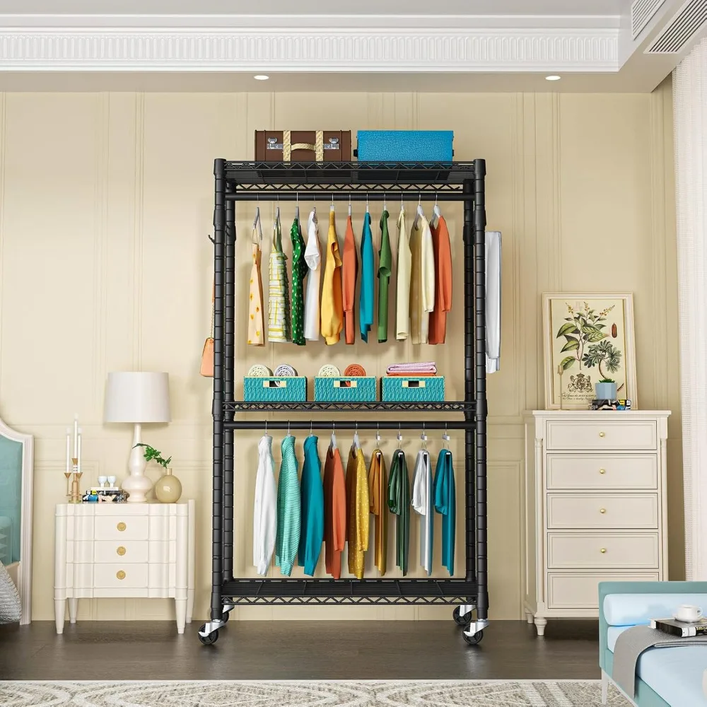 Прочная трехъярусная регулируемая металлическая вешалка для одежды с запирающимися колесами и органайзером на колесиках