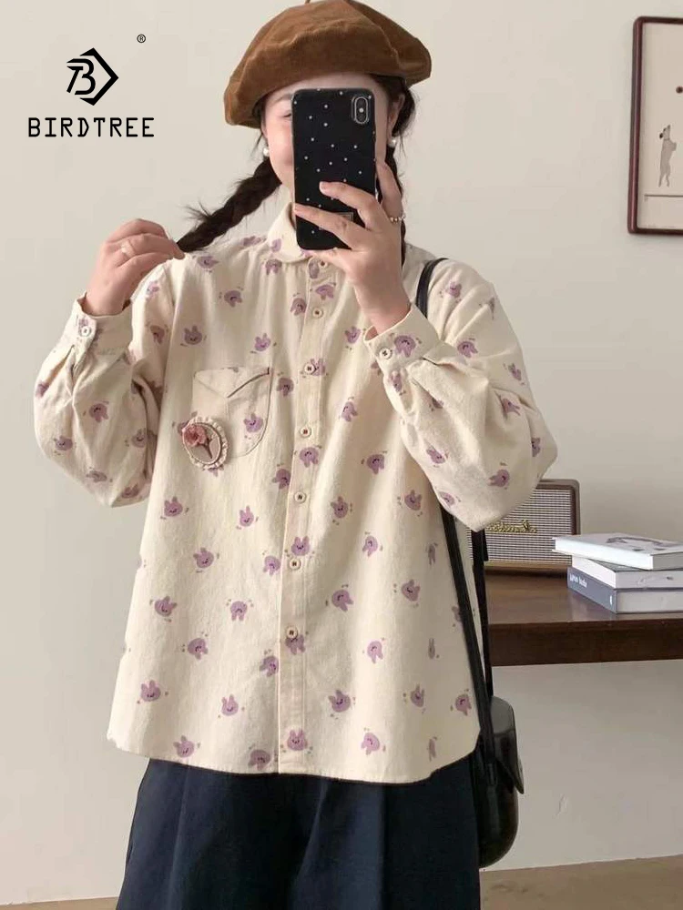 

Новинка 2025, осенняя хлопковая рубашка с длинными рукавами и начесом, женская рубашка с отложным воротником и принтом, свободная блузка Mori Girl для снижения возраста T5O054CC