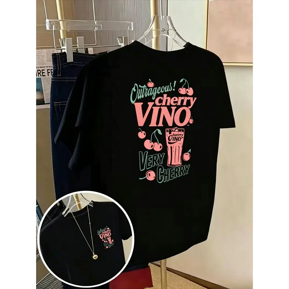 Dual Side Front Mini Back Large Cherry Wine Cup Letter Print Women Crew Neck Cotton Casual T-Shirt