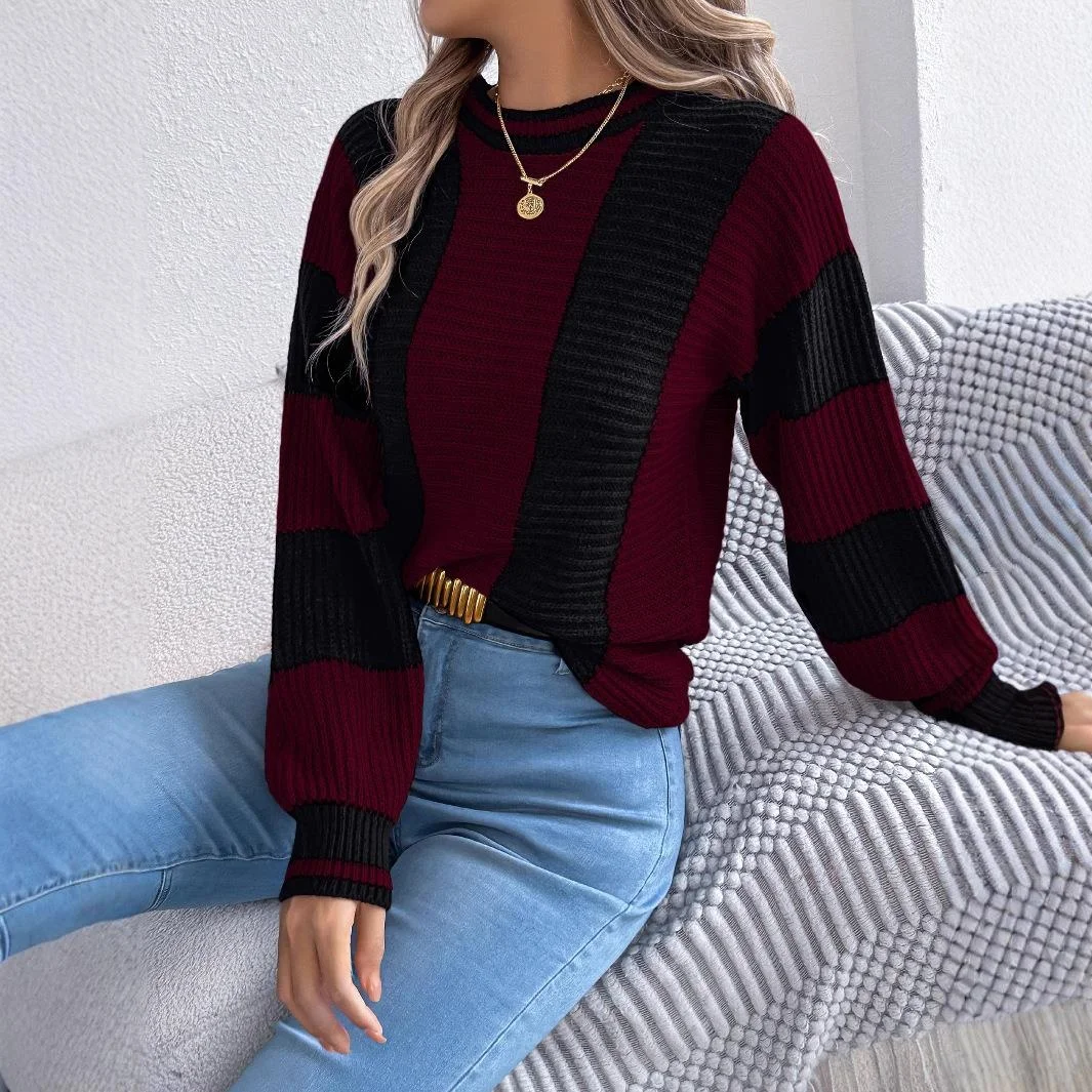 Casual Stripe Long Sve Overhead Sweater Autumn Winter Women's Faion Cross-Border Lantern Sve Knitwear Comfortable Fit