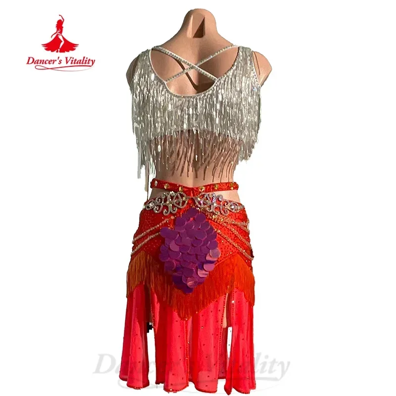 Latin Dance Performance Set Women's Customized Sexy Tassel Top+Sequin Short Skirt 2pcs Tango Samba Cha Cha Competition Outfit