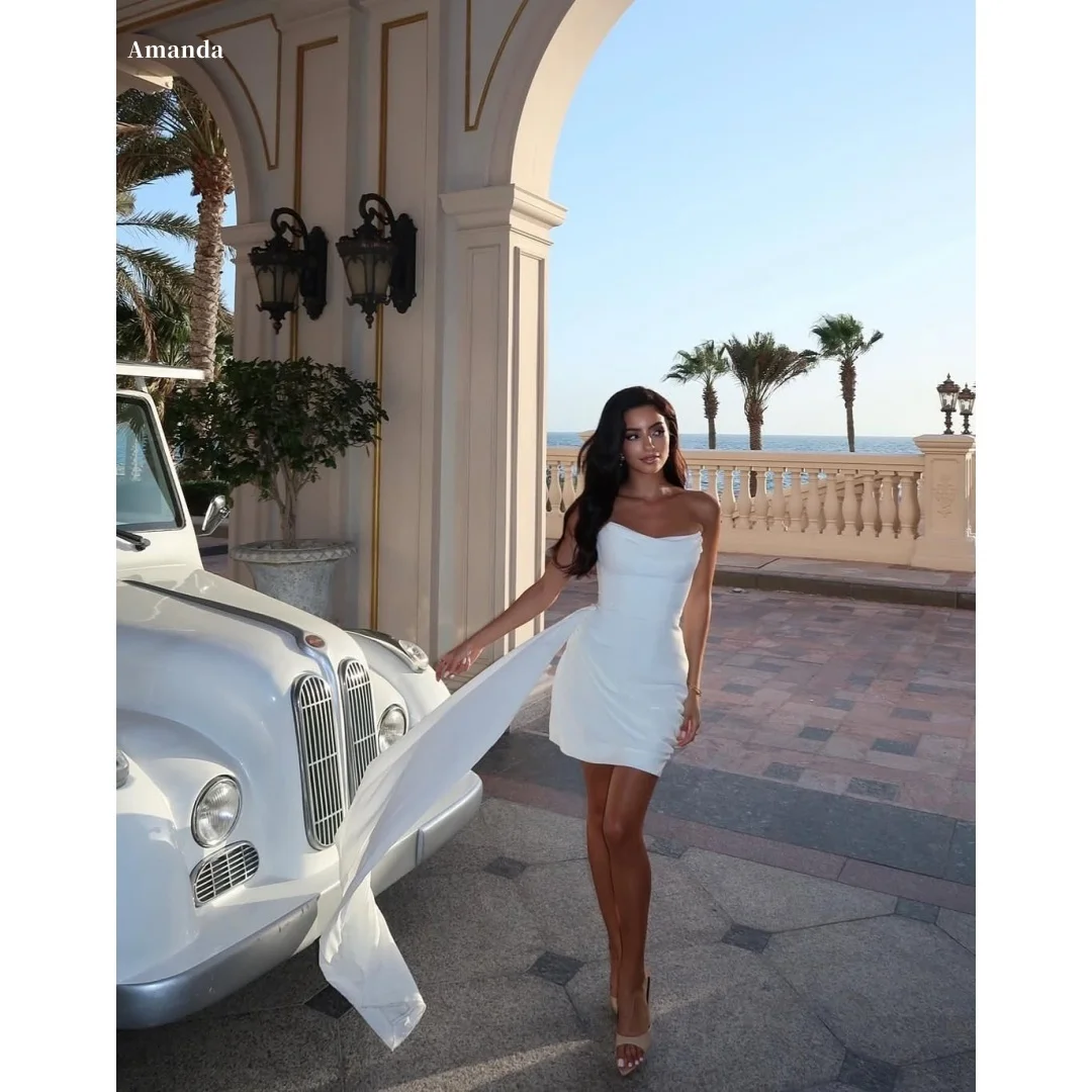 

Amanda Customized White Strapless Backless Prom Dress Sleeveless vestidos de noche Mini Skirt Long Silk Scarves Formal Evening