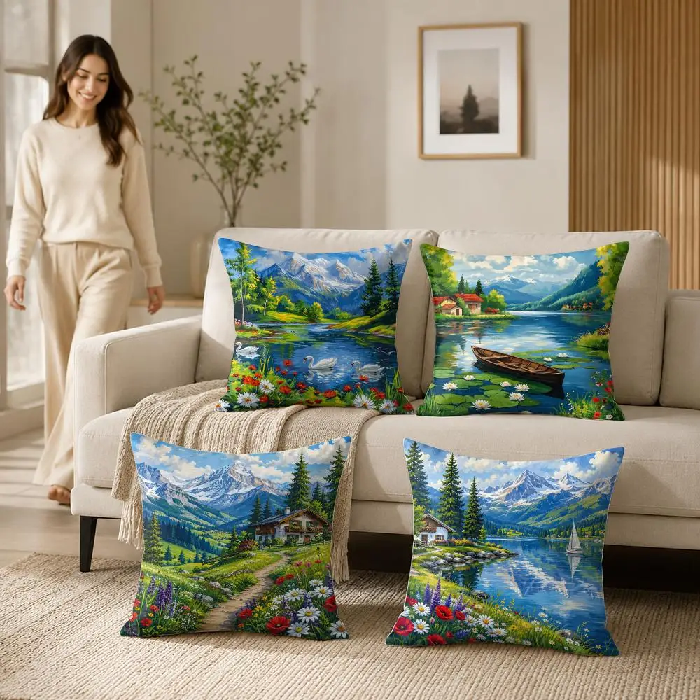 Woven Mountain & River Scenery Cushion Cover Soft Short Plush Pillow Case Double Sided Print Washable Sofa Home Decor Gift