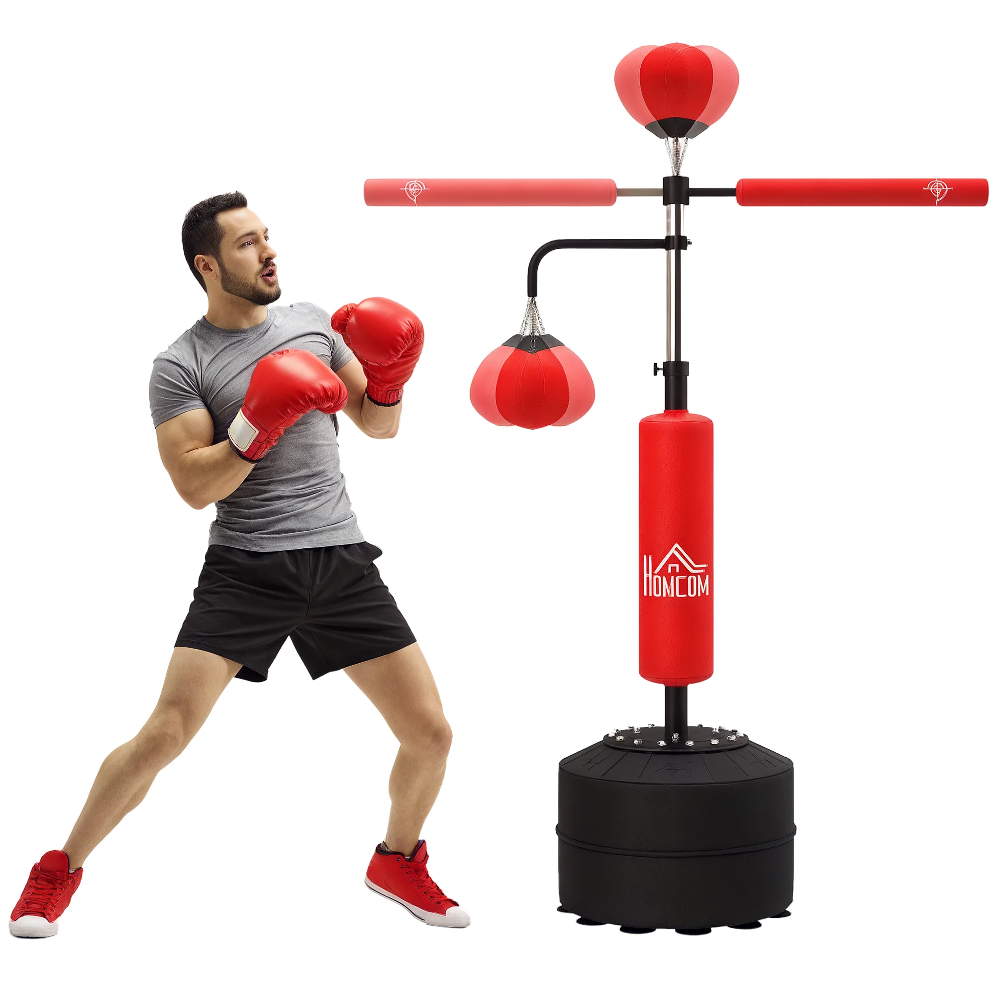 HOMCOM Saco de Boxeo de Pie, 160-230 cm, Saco de Boxeo con Barra Giratoria de 360°, 2 Bolas de Velocidad y Base Rellenable, Punc