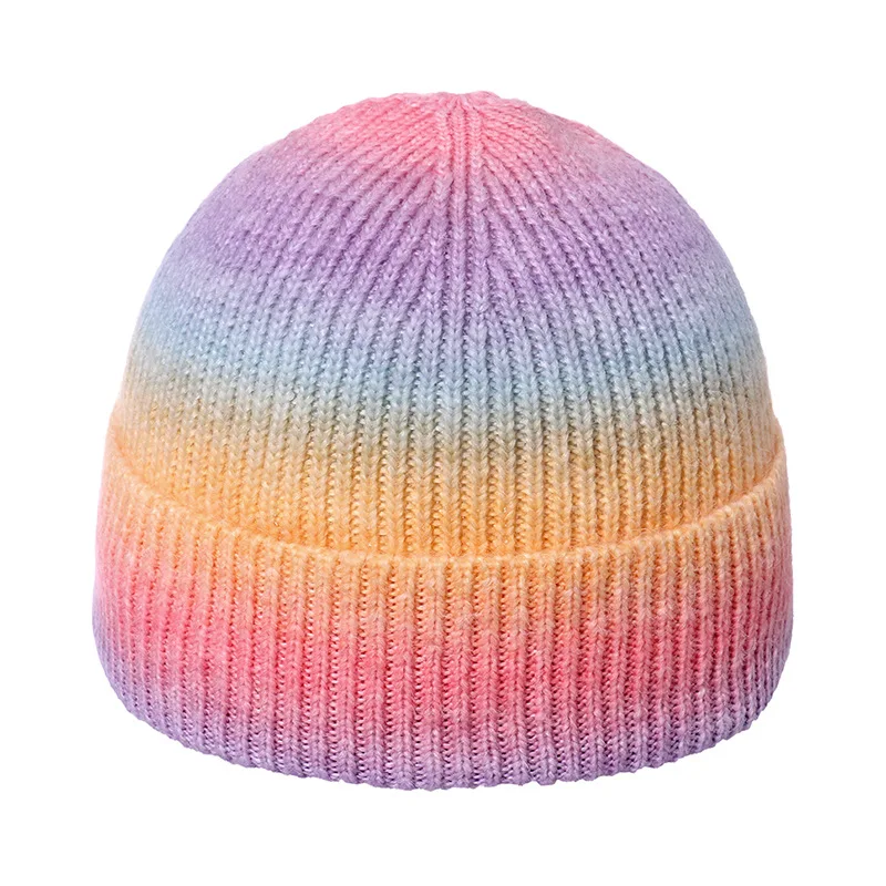 2023 Autumn and Winter New Knitted Hat Trend Gradient Tie-dye Printing Warm Hat Rainbow Fashion Woolen Hat Female Students