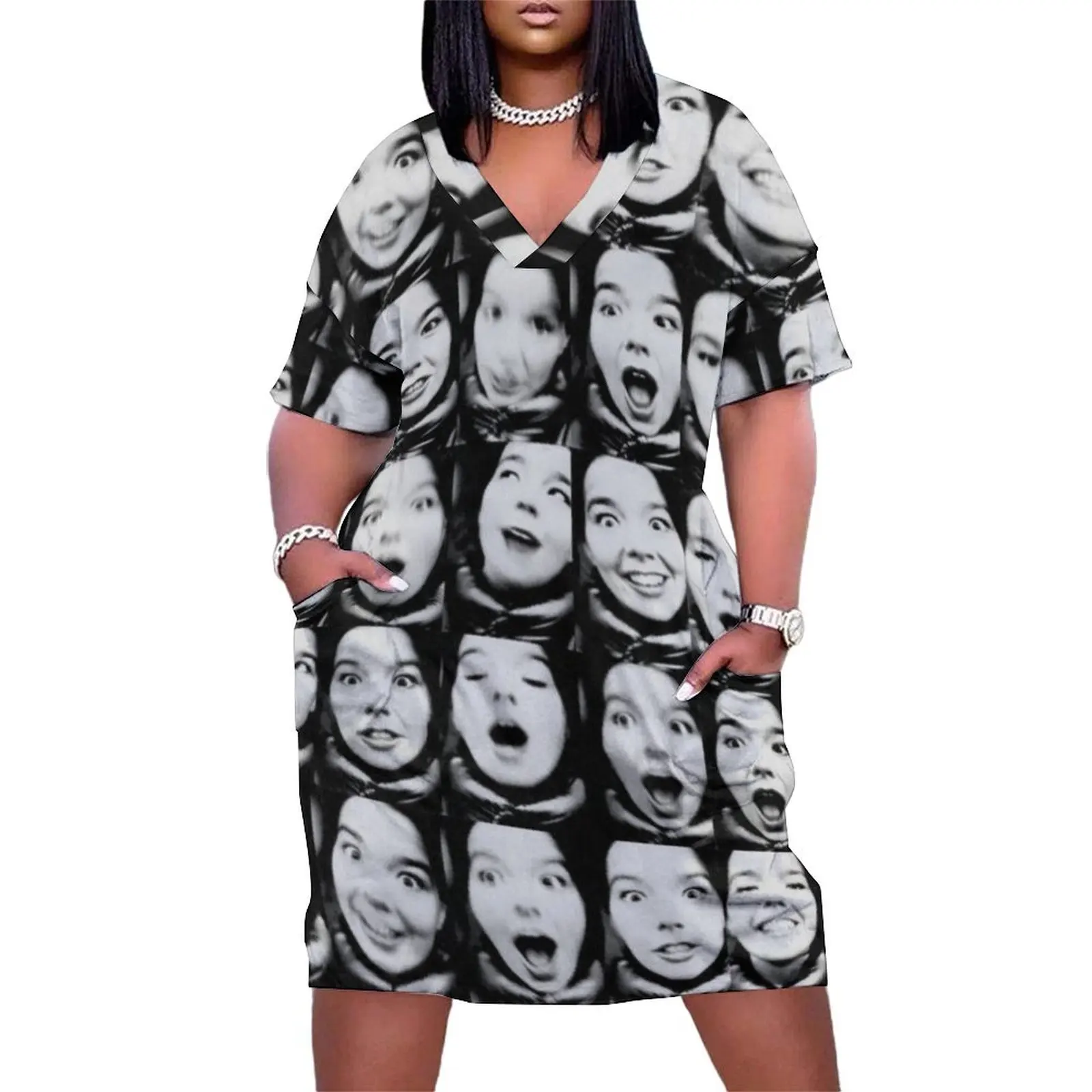 BJORK FACE PRINT Loose Pocket Dress Women's summer dresses Woman clothes