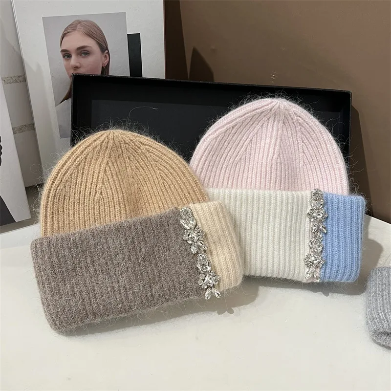 

Winter Women's Shiny Rhinestone Striped Animal Hair Knitted Hat Pullover Fashion Shopping Color Matching Knitted Hat