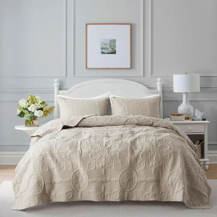 

Винтажное бежевое дамасковое покрывало в стиле фермерского дома, легкое и мягкое, с 2 наволочками, размер Queen