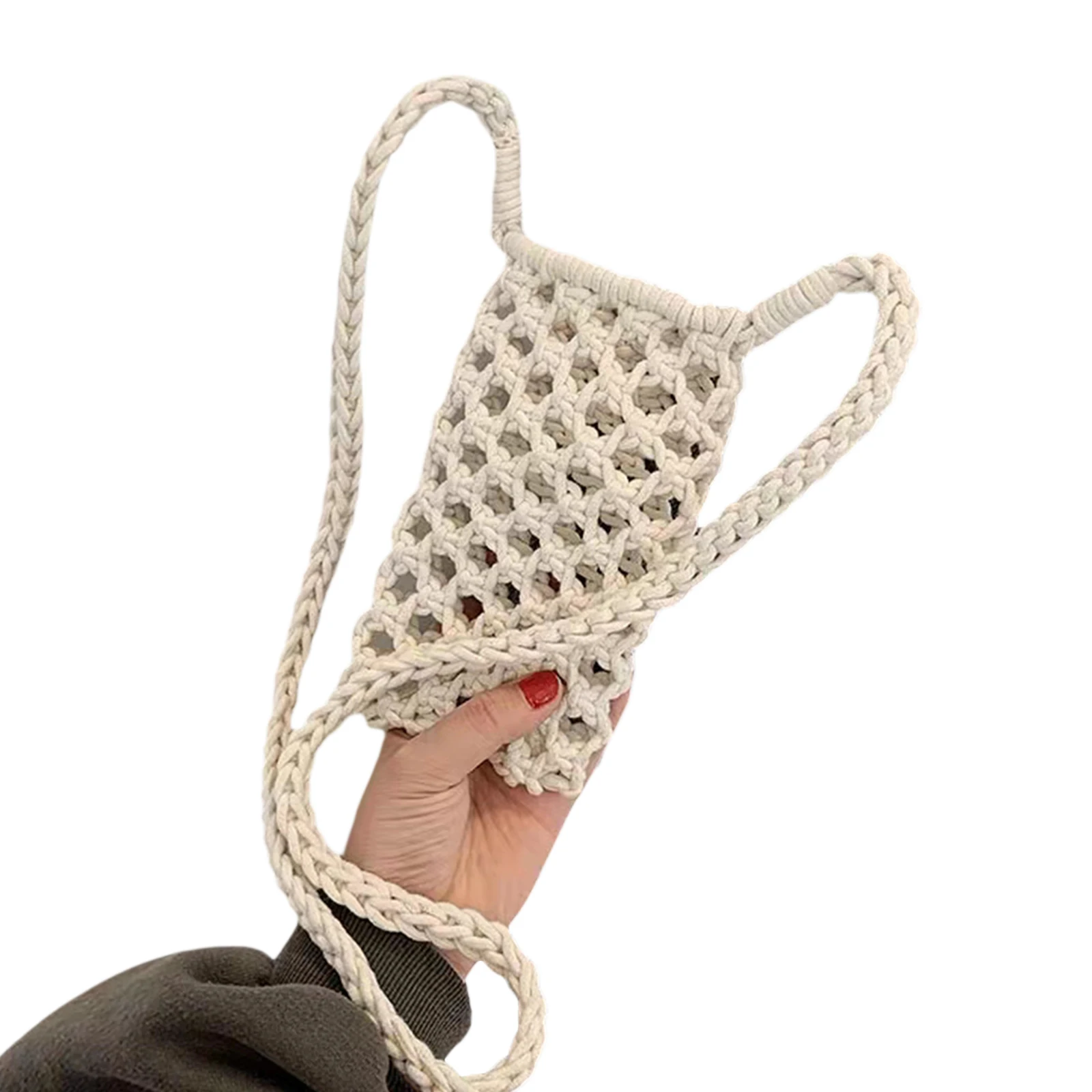 Multi-Purpose Knitted Storage Bags Water Cup / Mobile Phone Solid Color Crochet Hollow-out Storage Bag Woven Cell Phone Bags