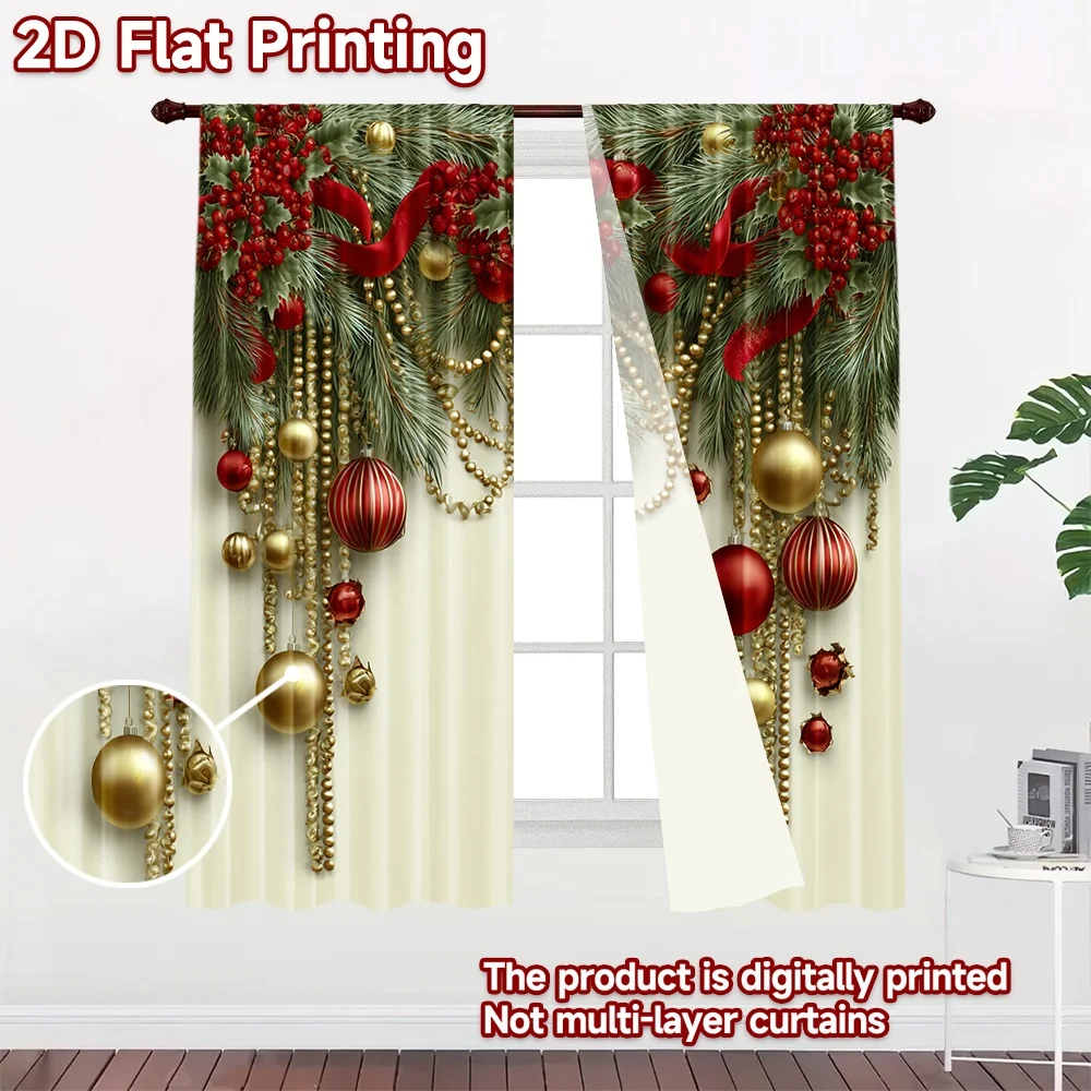 2D flat 2pcs Curtain Modern Minimalist Style Christmas Holly Garland Ornaments Durable polyester fiber Birthday Party Use for