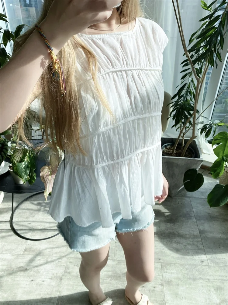 Susan Casual White Svel Mehrschichtige plissierte Bluse mit lockerem Saum Pendeln Sle rund Ne ort Sve UV-Schutz