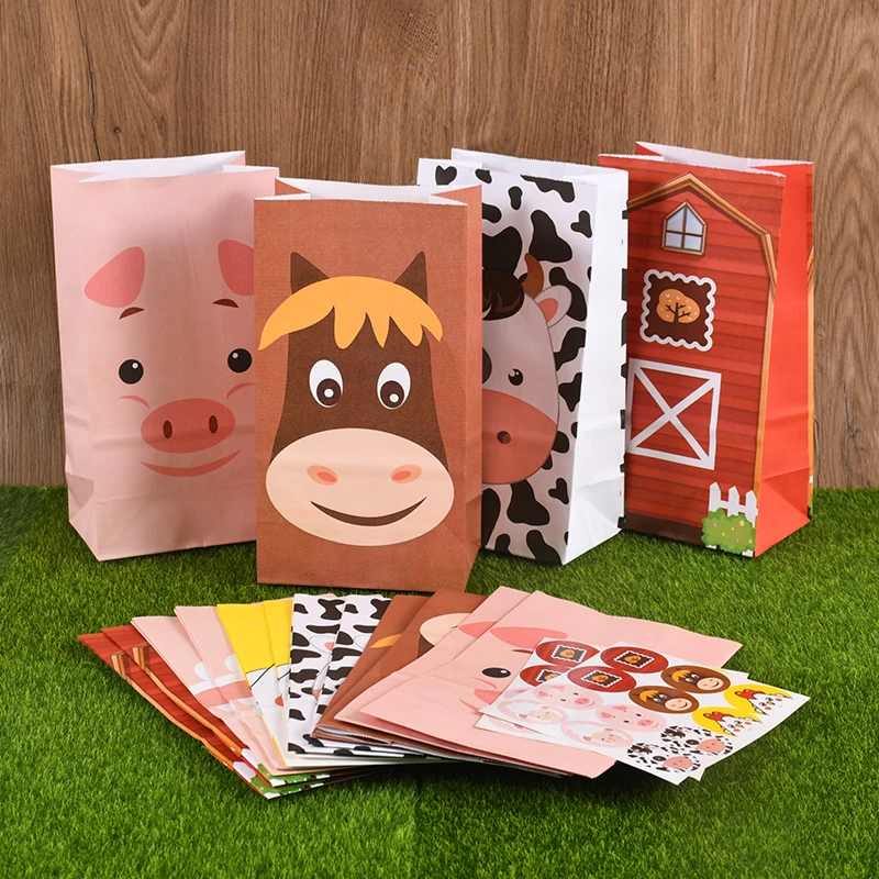 13szt Cartoon Animal Candy Bags With Sticker Cow Pig Sheep Biscuit Bag For Kids Animal Themed Birthday Party Gifts Packing Decor