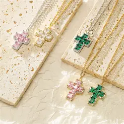 18K Gold Plated Brass Shiny Cubic Zirconia Cross For Women Fashion Gold Silver Color Cross Choker Pendant Necklace Party Jewelry