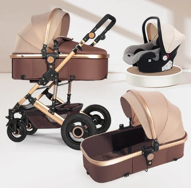 Passeggino di lusso 3 in 1 Carrello pieghevole per auto Buggy con camminatori e marsupi in lega e tessuto Carrozzine per bambini