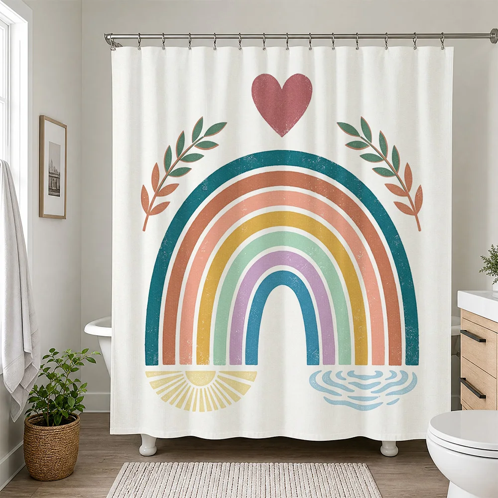 Boho Rainbow Heart Shower Curtain Bathroom Decor Watercolor Rainbow Arch Shower Curtain for Nursery Kids Bathroom