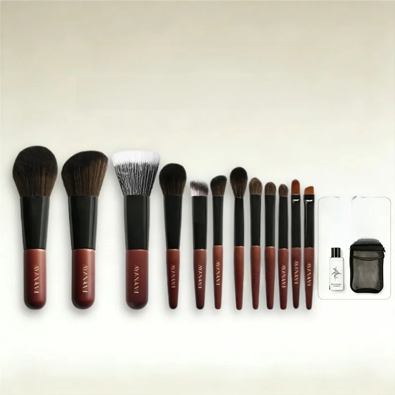 Conjunto de Pincéis de Maquiagem Portátil Xianyan com 12 Peças, com Cerdas de Cabelo Animal em Ébano Preto para Base, Blush e...