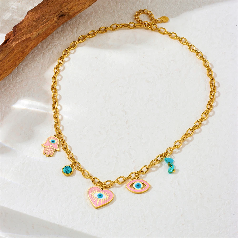 LAMENGLY 316L Stainless Steel Exaggerated Eyes Pink Heart Eyeball Palm Pendant Necklace Women Classy Non-Fading Clavicle Chain