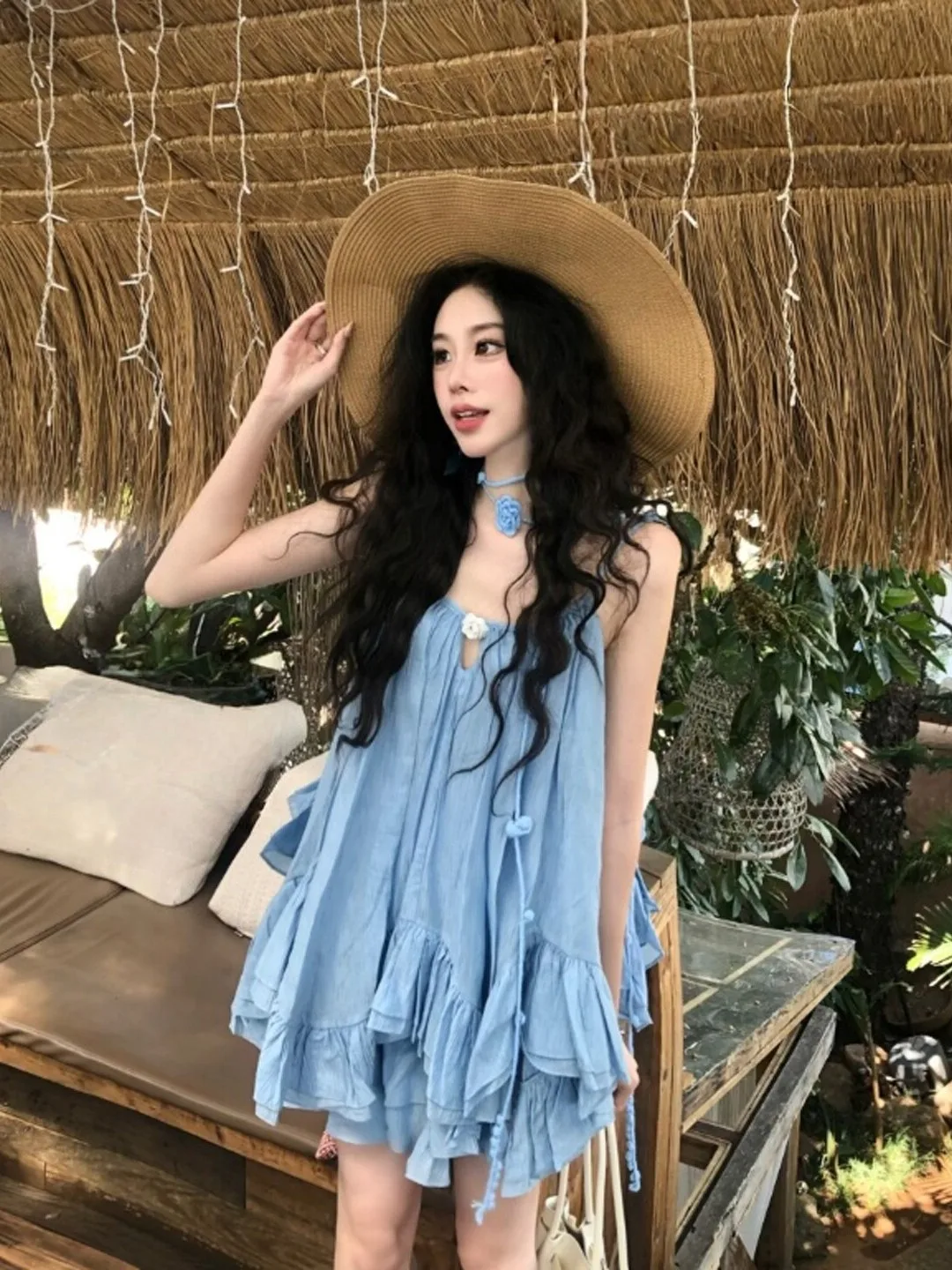

Unique Small Size Uneven Strap Halter Skirt Two-Piece Set Complete OOTD Summer 2026 Comfortable Short Sleeveless V-Neck Cotto...