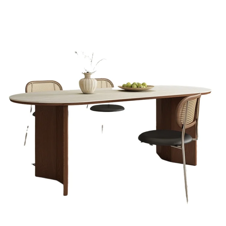 

French retro solid wood dining table, travertine rock slab small apartment, walnut color oval medium and ancient style