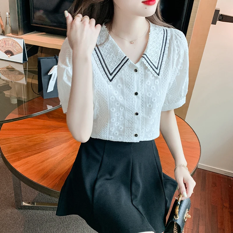 Women Korean Fashion Lace Sweet Button Up Shirt 2024 Summer Elegant Contrast Color Blouse Vintage Short Sleeve Tops Chic Blusas