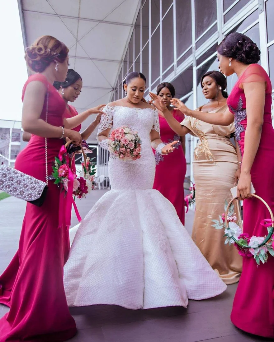 Vestido De novia personalizado con apliques brillantes y perlas, vestido De boda africano De manga larga De talla grande, vestido De novia modesto