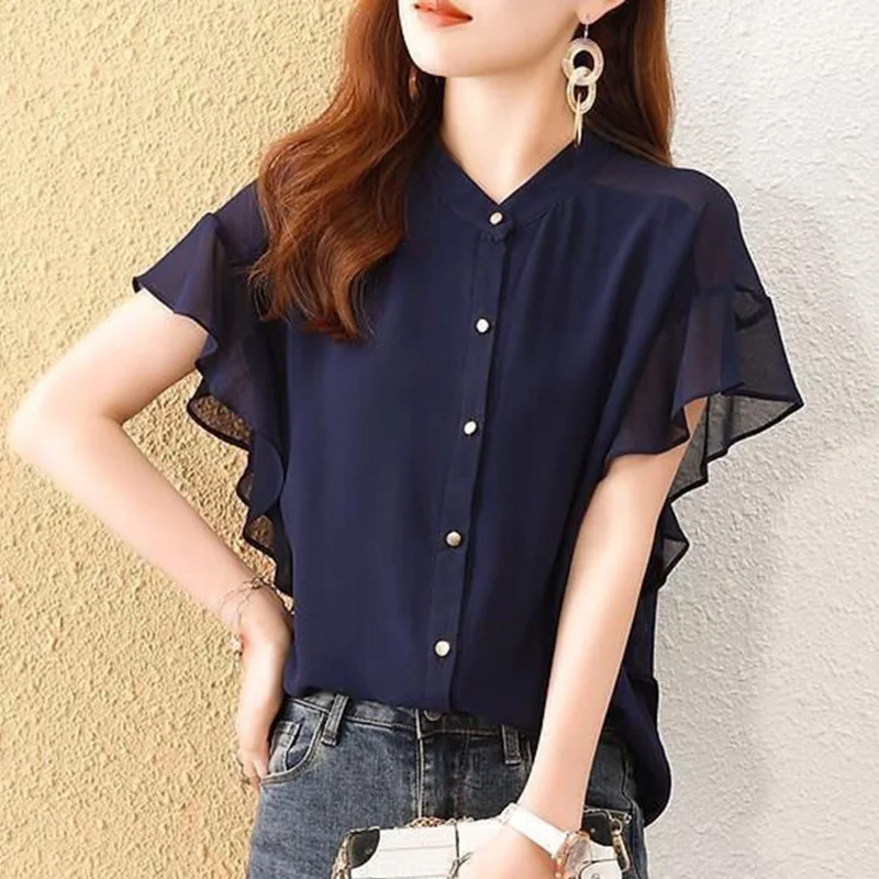 

Elegant Solid Color Spliced Loose Ruffles Chiffon Shirt Women Clothing 2023 Summer New Casual Tops All-match Office Lady Blouse