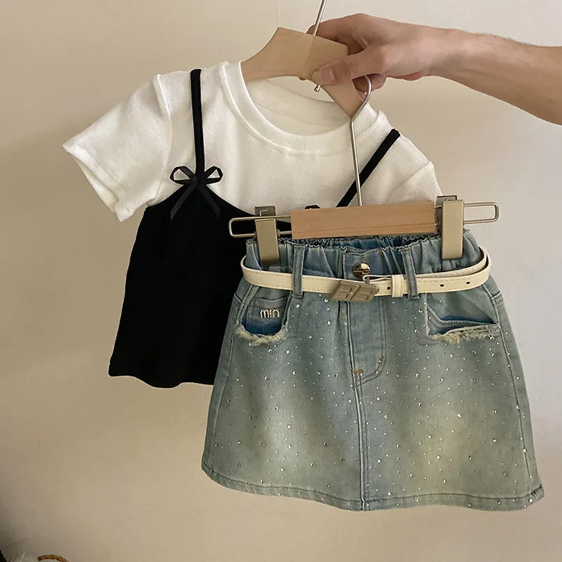 Girls T-shirt 2024 Summer New Lovely Bow Knot Splicing Tops Cowboy Skirt Casual Simple Fashion Loose Sweet Korean Active Vintage