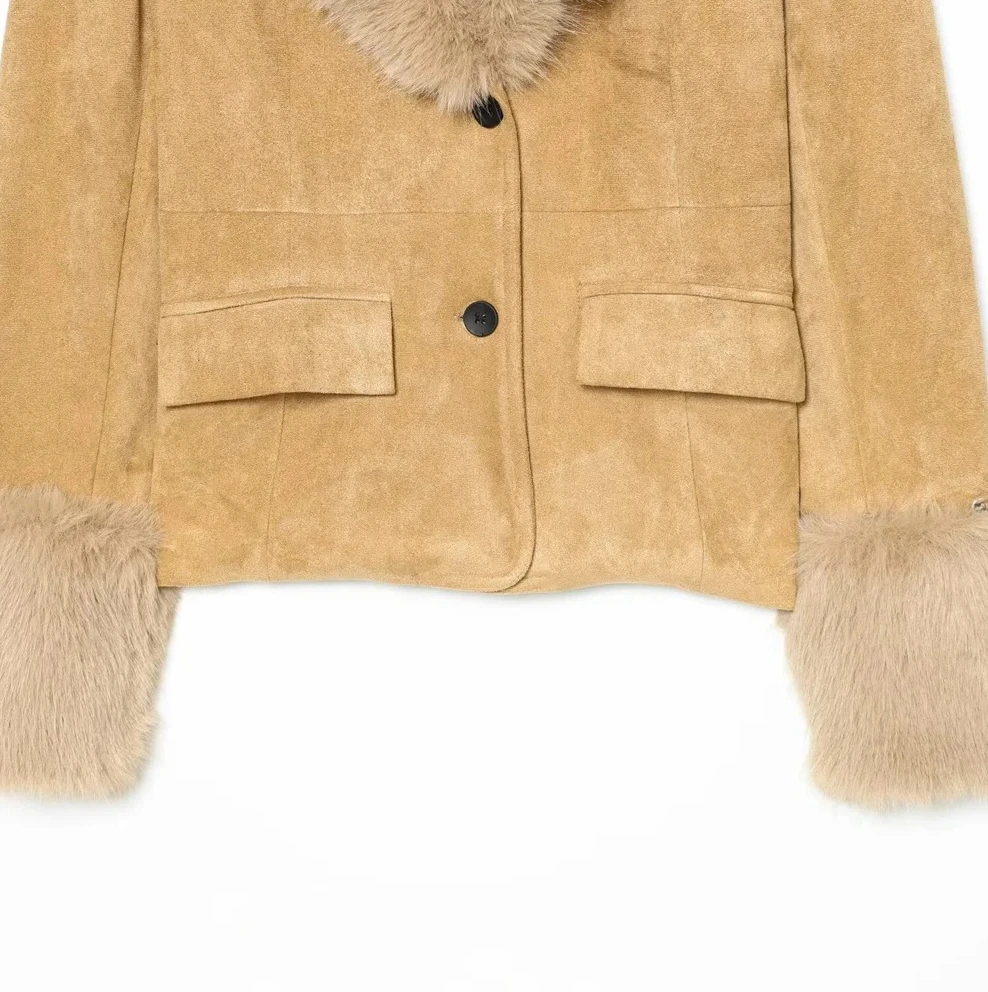 เสื้อแจ็คเก็ตสูทแขนยาวทรงเข้ารูป ผ้าหนังกลับลายขนสัตว์เทียม สำหรับฤดูหนาว ดีไซน์แฟชั่นใหม่สำหรับผู้หญิง อุ่นสบาย