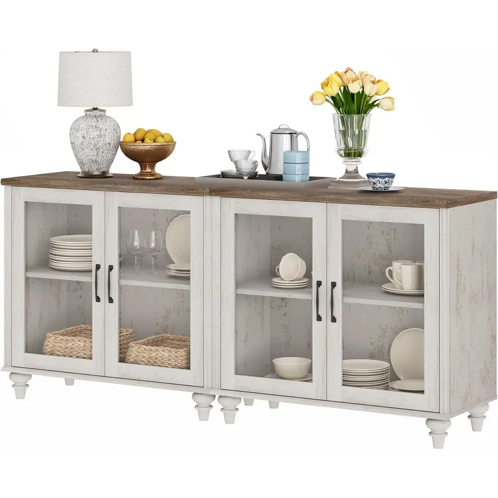 Rustic White Wooden Sideboard with Glass Doors for Kitchen, Dining, and Living Room Storage