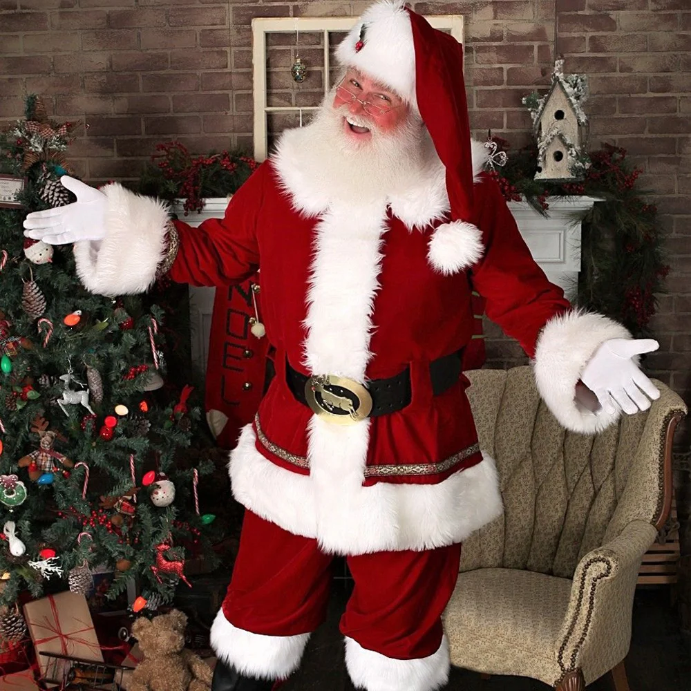 Deluxe-Santa-Kostüm aus Samt für Herren, professionelles Weihnachtsmann-Kostüm für Erwachsene, Weihnachtsmann-Festival-Outfit mit Mütze