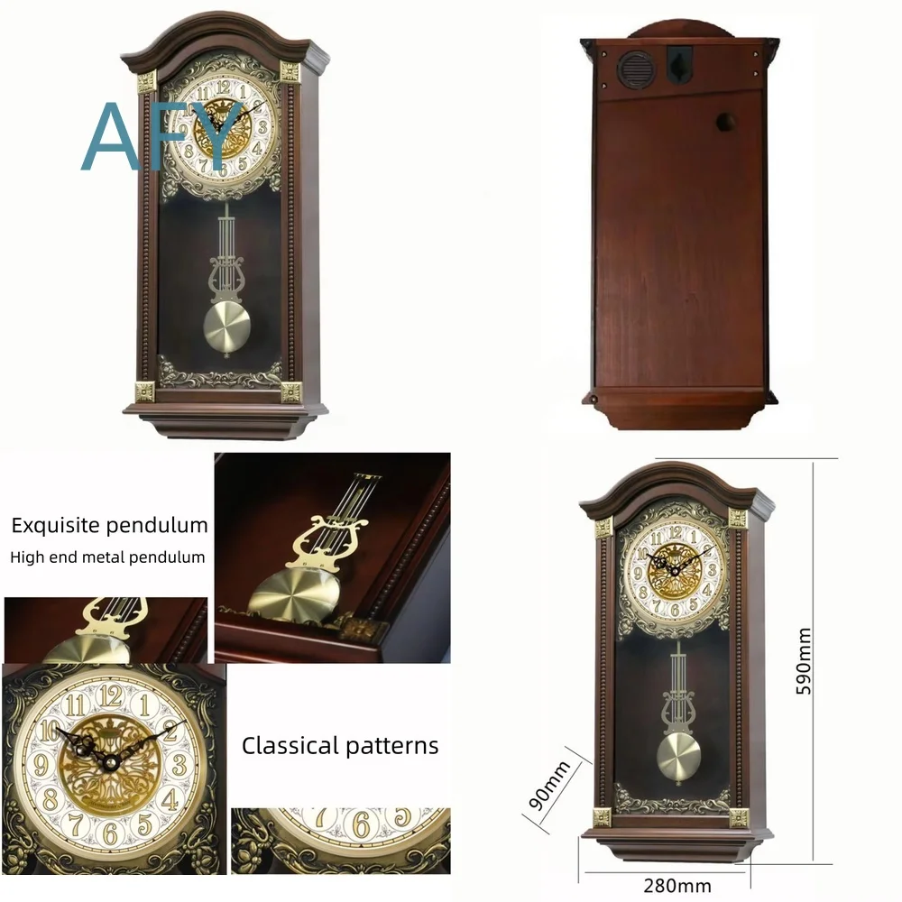 Classical Solid Wood Wall Clock for Westminster Temple Chime Quartz Movement with Timekeeping Music for European Living Room